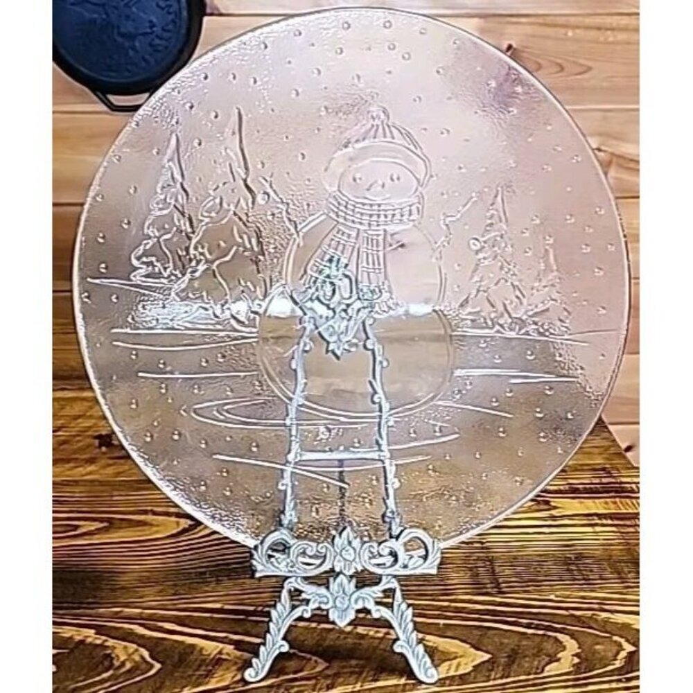 12.5 In Clear Glass Snowman w/Tree Scarf Christmas Dish/Tray/Serving Platter